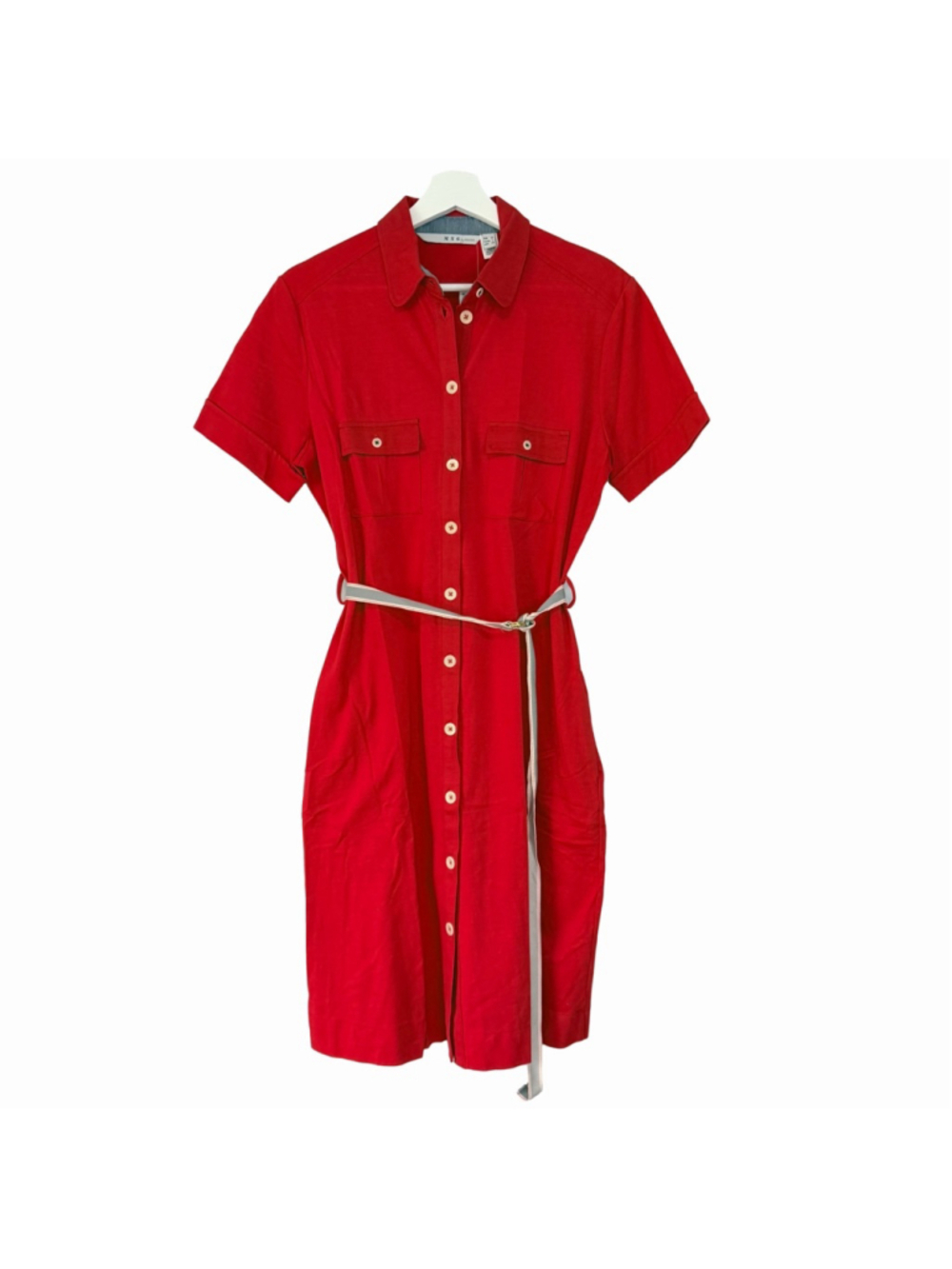 MNG by Mango New Red Retro Short Sleeve Cotton Belted Shirt Dress Women's Large